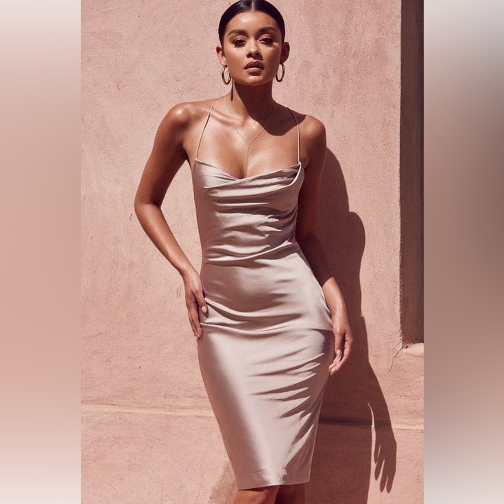 RARE House Of CB 'Alette' Champagne Satin Cowl Back Dress - Picture 2 of 8